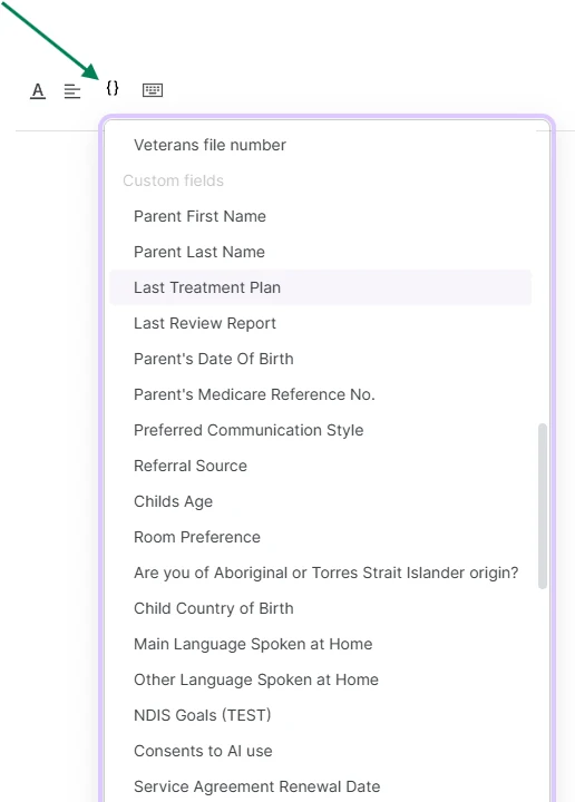 The placeholder list showing custom fields.