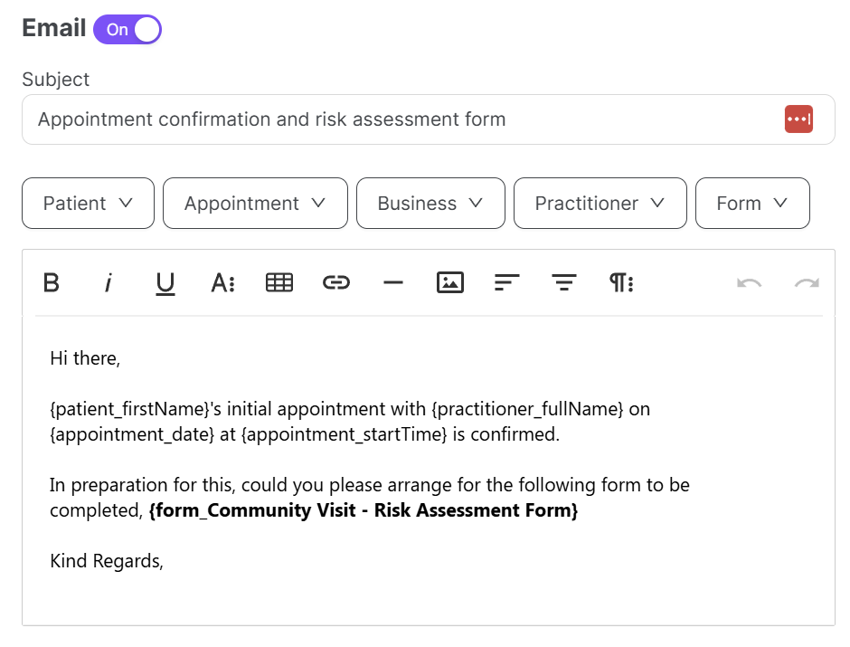 Building the confirmation once: the form is dropped into the template as a placeholder.
