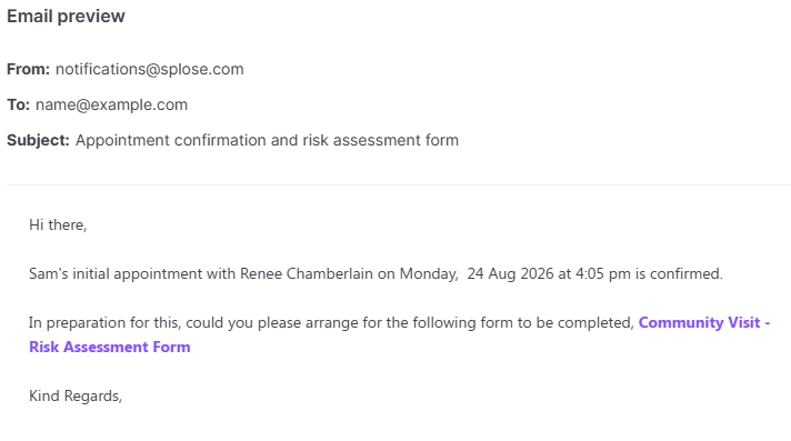 And what the client actually receives, with the form linked in the body.