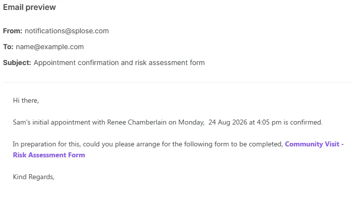 And what the client actually receives, with the form linked in the body.