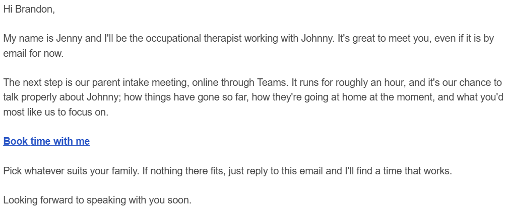One link, one clinician, one service. Nothing for the parent to work out.
