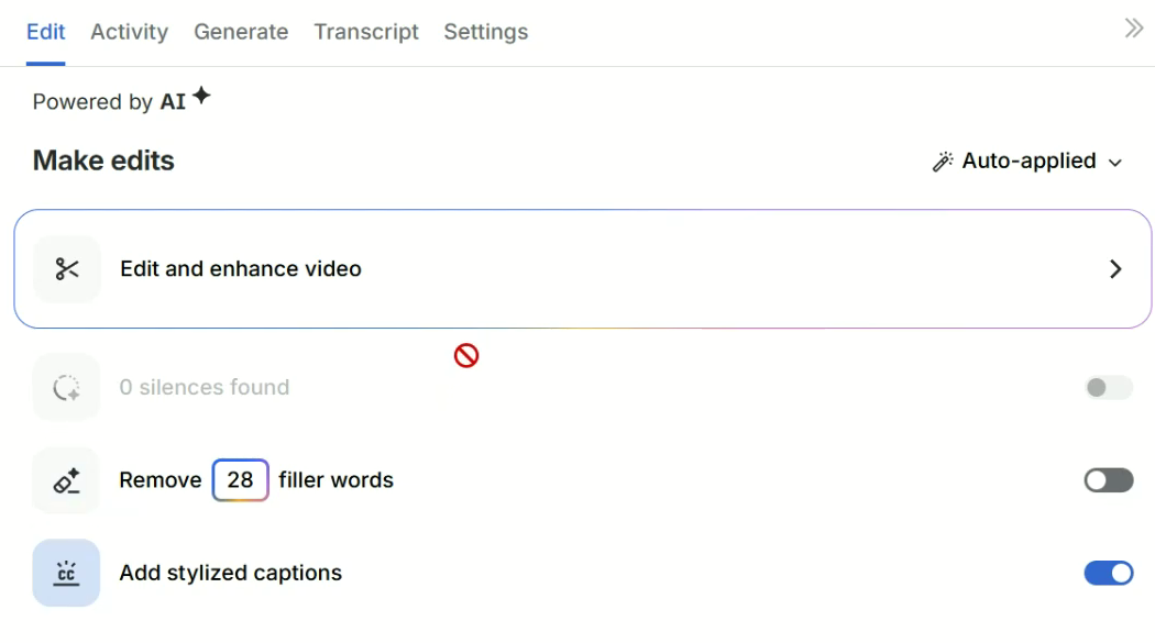 Loom's edit panel showing filler word removal, silence trimming and caption generation options.