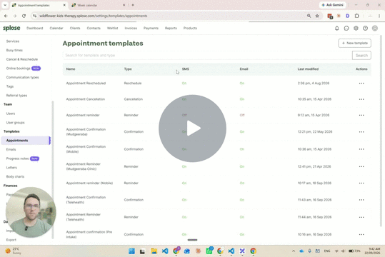 Animated preview of the Loom walkthrough, Telehealth appointment reminders with Splose links.